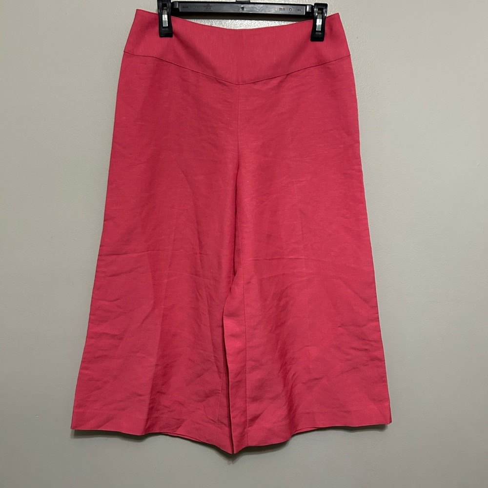 Women Wide Leg Culottes M Pink High Waist Cropped Linen Pants Coastal Resortwear